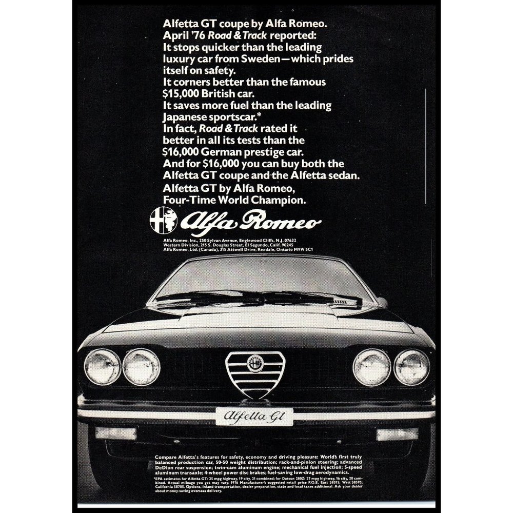 1976 Alfa Romeo Alfetta GT Coupe Vintage Print Ad Italian Sports Car Wall Art